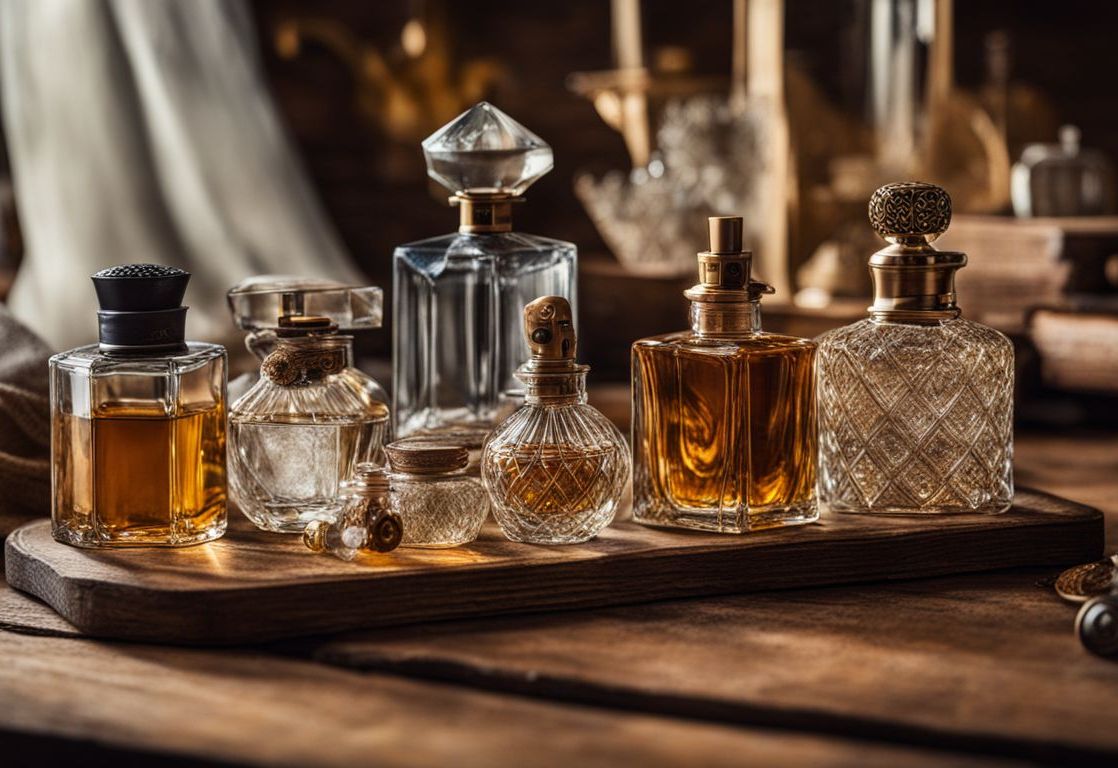 An assortment of unique indie perfume bottles and vintage trinkets arranged on a rustic wooden table
