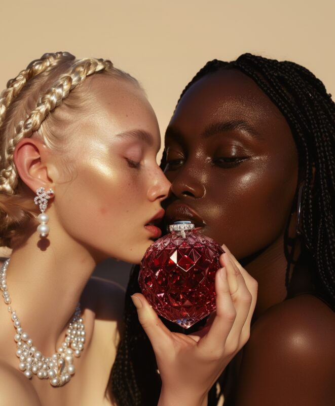 Close up of two models holding and kissing a luxurious crystal and red round perfume bottle