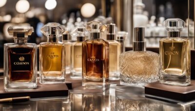 A display of designer perfumes on a luxurious vanity