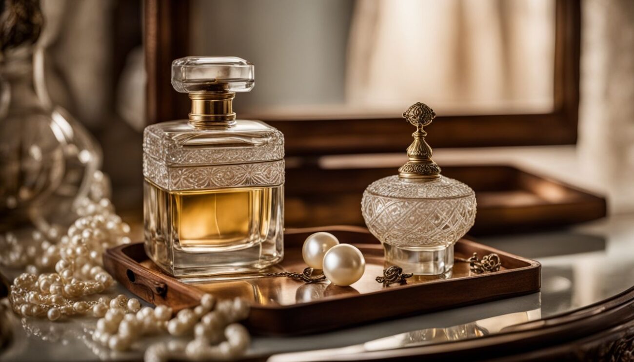 A vintage perfume bottle displayed on a dressing table with lace and pearls.