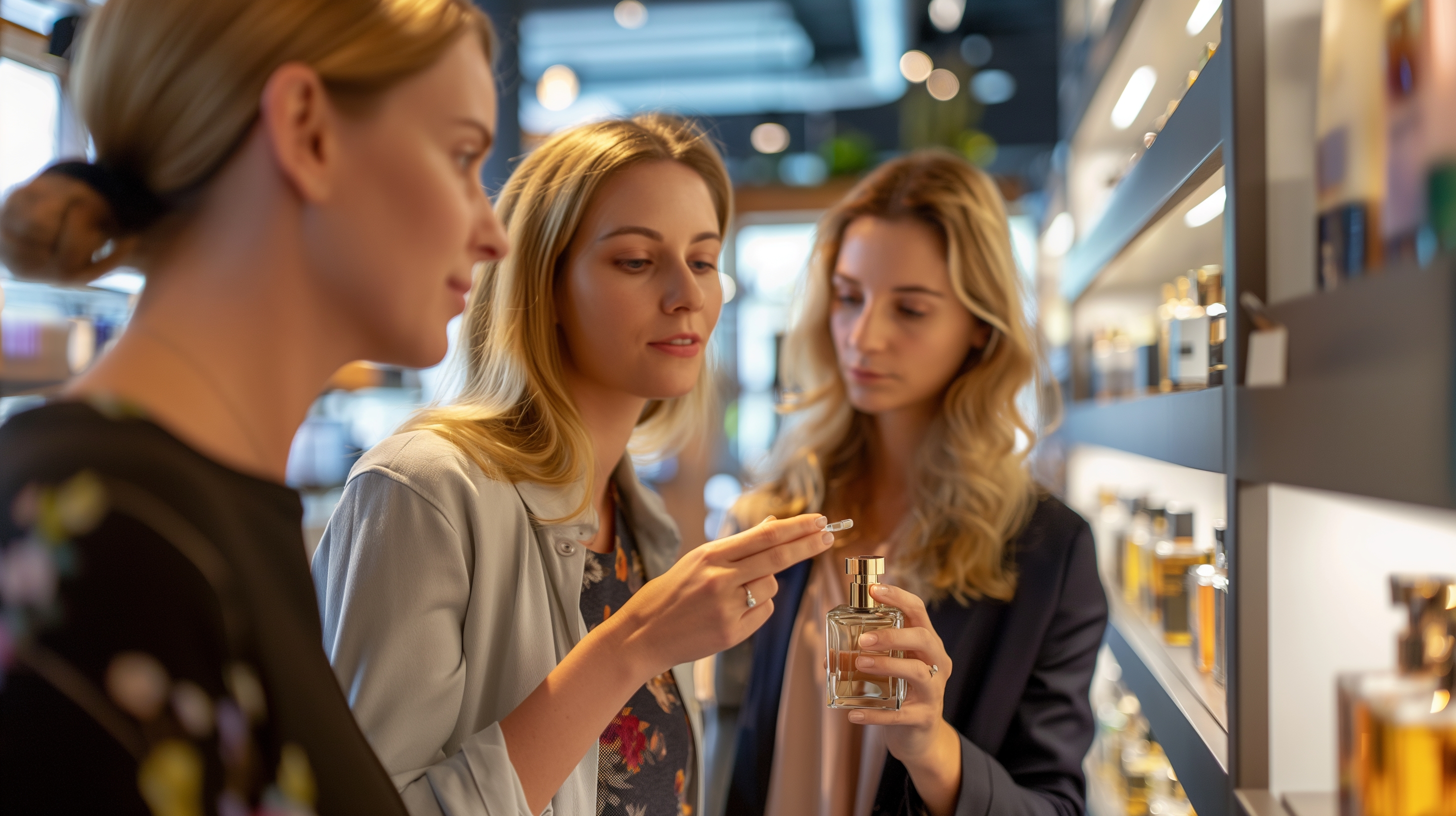 Three sophisticated stylish women in their thirties with shoulder-length hair shopping for luxury perfumes in a fragrance boutique and trying samples