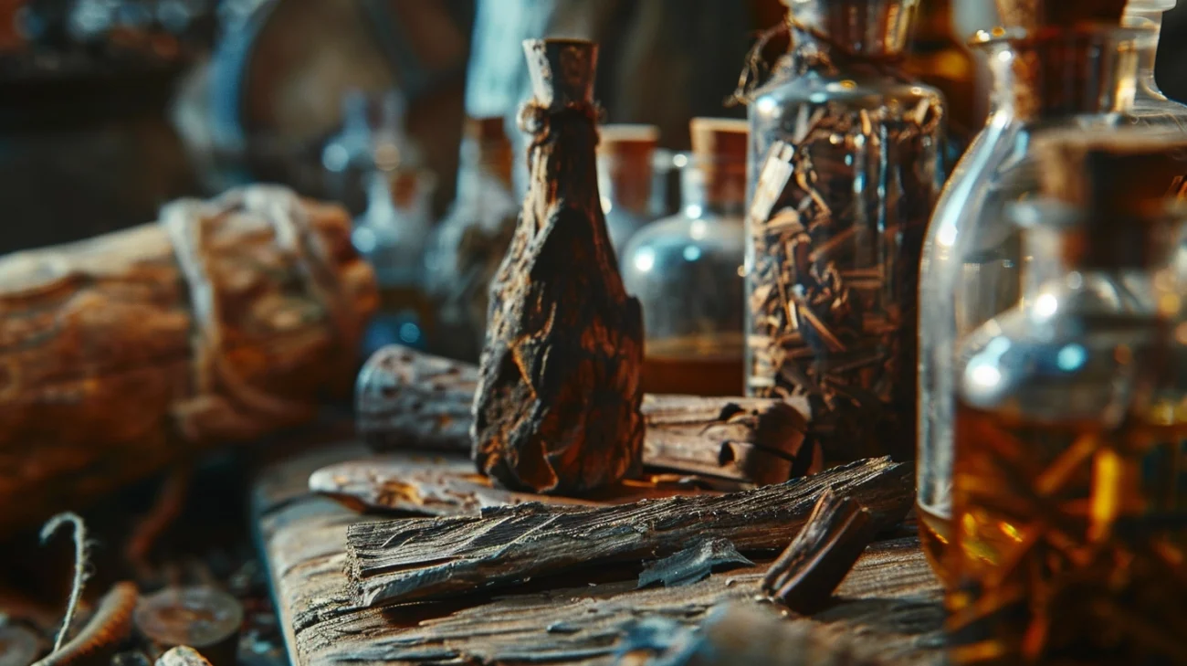 Vibrant photo of agarwood pieces in a professional perfumery laboratory
