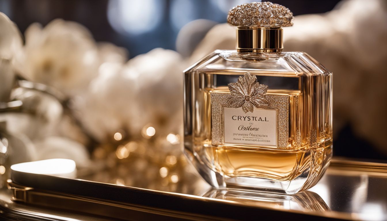 a luxurious perfume bottle in a well-lit luxury bustling setting