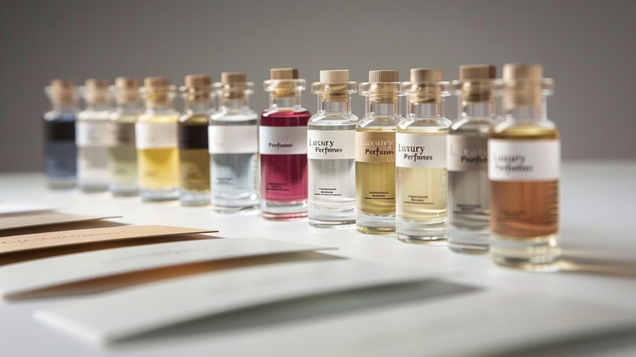 a presentation of luxury perfumes samples in clear glass vials with labels on each one