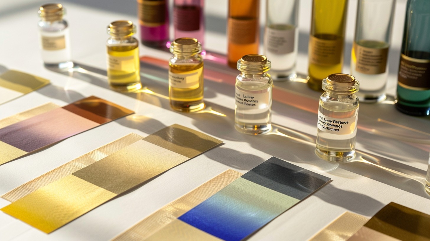 a raw of luxury women perfumes samples on a white table