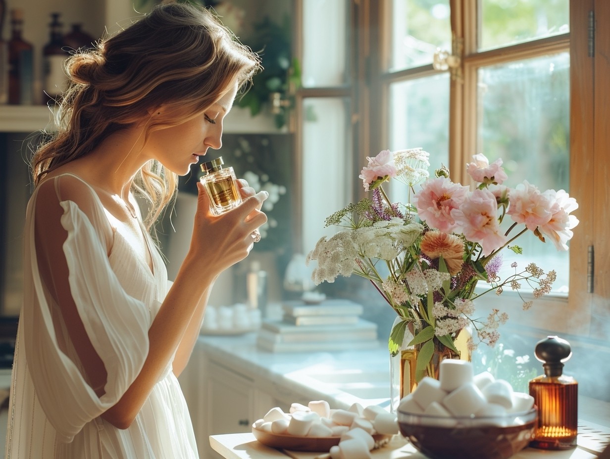 a sophisticated woman is smelling a perfume bottle in a room flooded with soft morning light expressing great pleasure and a vase of fresh flowers and a bowl with fresh marshmallow cottons
