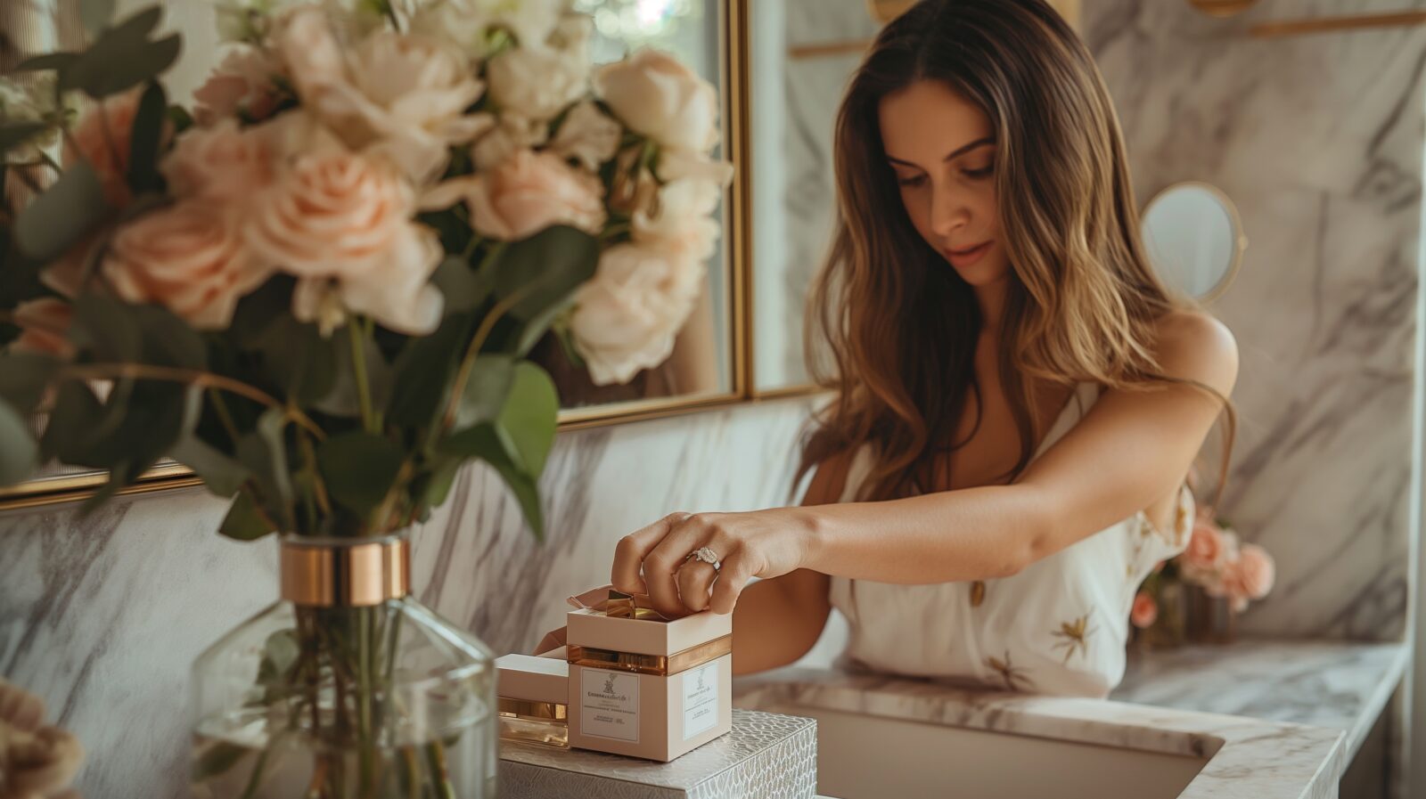 a sophisticated woman is unpacking an expensive perfumes gift set on a luxury bathroom vanity a vase of fresh flowers next to her