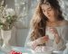 a young woman is opening a new perfume box sitting at the table with plates of sweets and berries on it