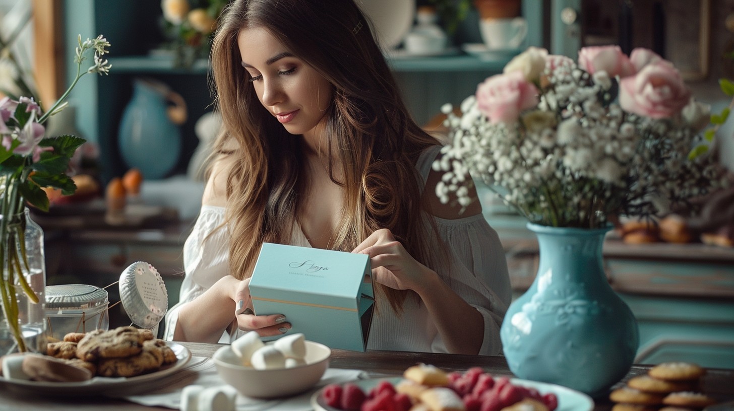 a young woman with beautiful long hair is opening a new perfume box sitting at the table where there is a vase with fresh flowers, a bowl with cookies and a plate with raspberries
