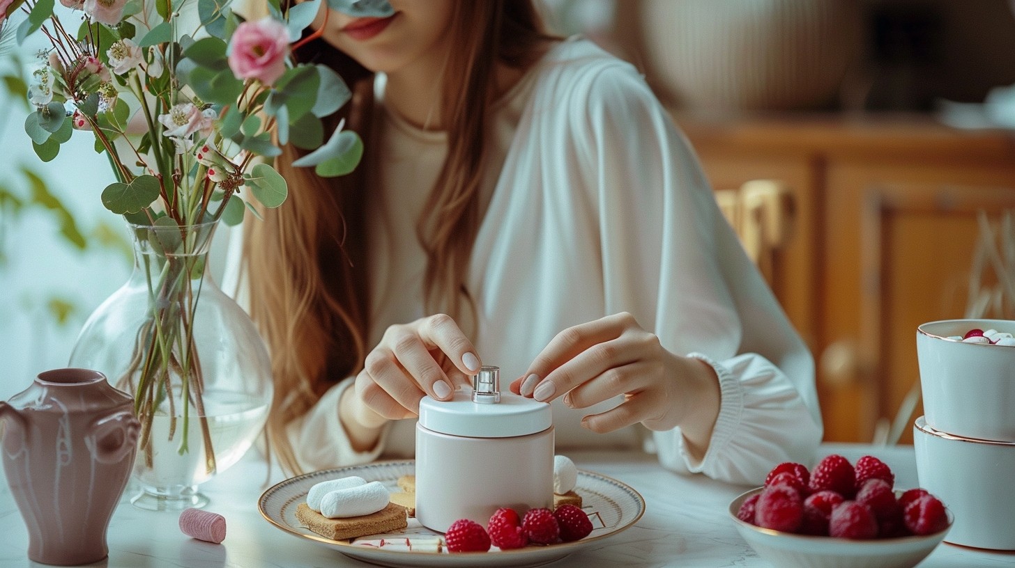 a young woman with beautiful long hair is opening a new perfume box sitting at the table with plates of sweets and marshmallows