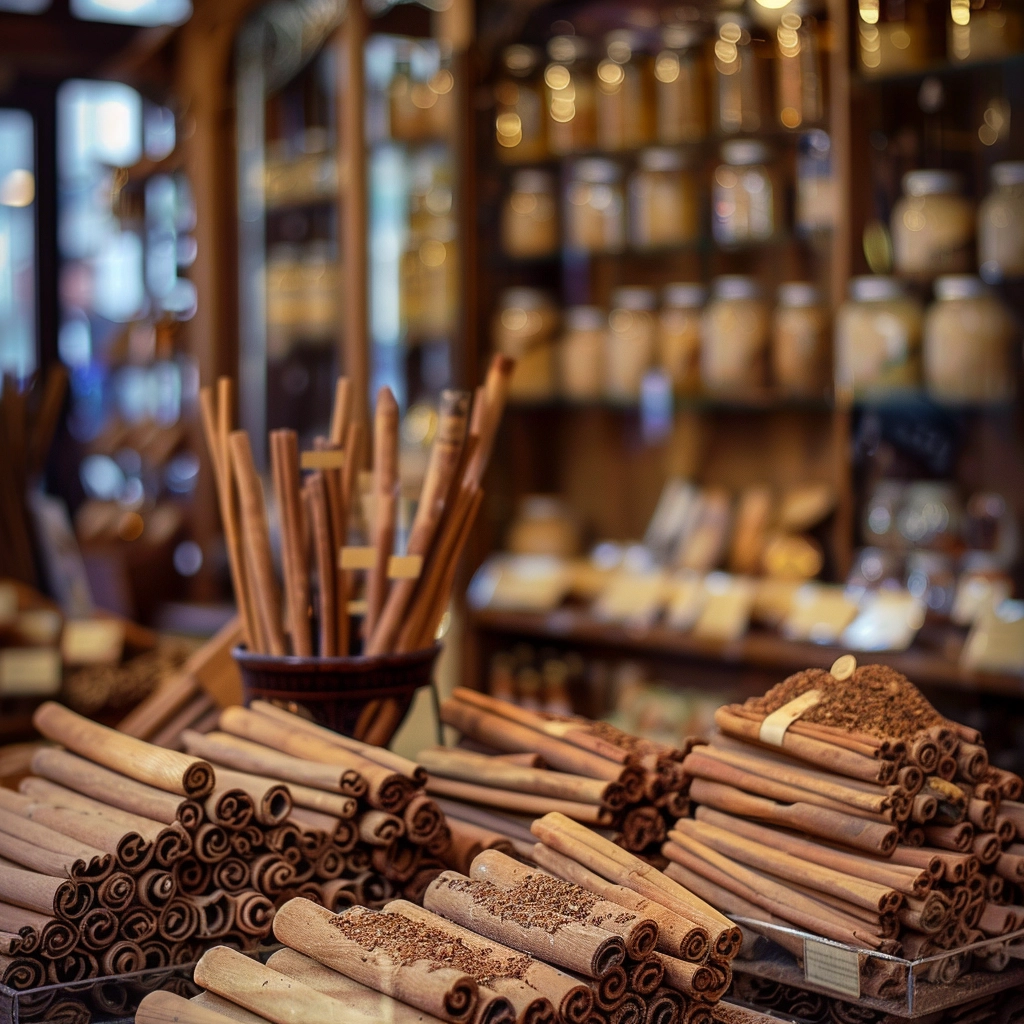 bunches of cinnamon sticks in a perfumers shop