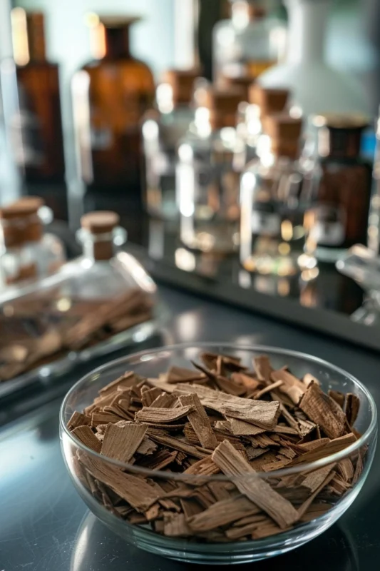 image of agarwood oud pieces in a perfumery laboratory