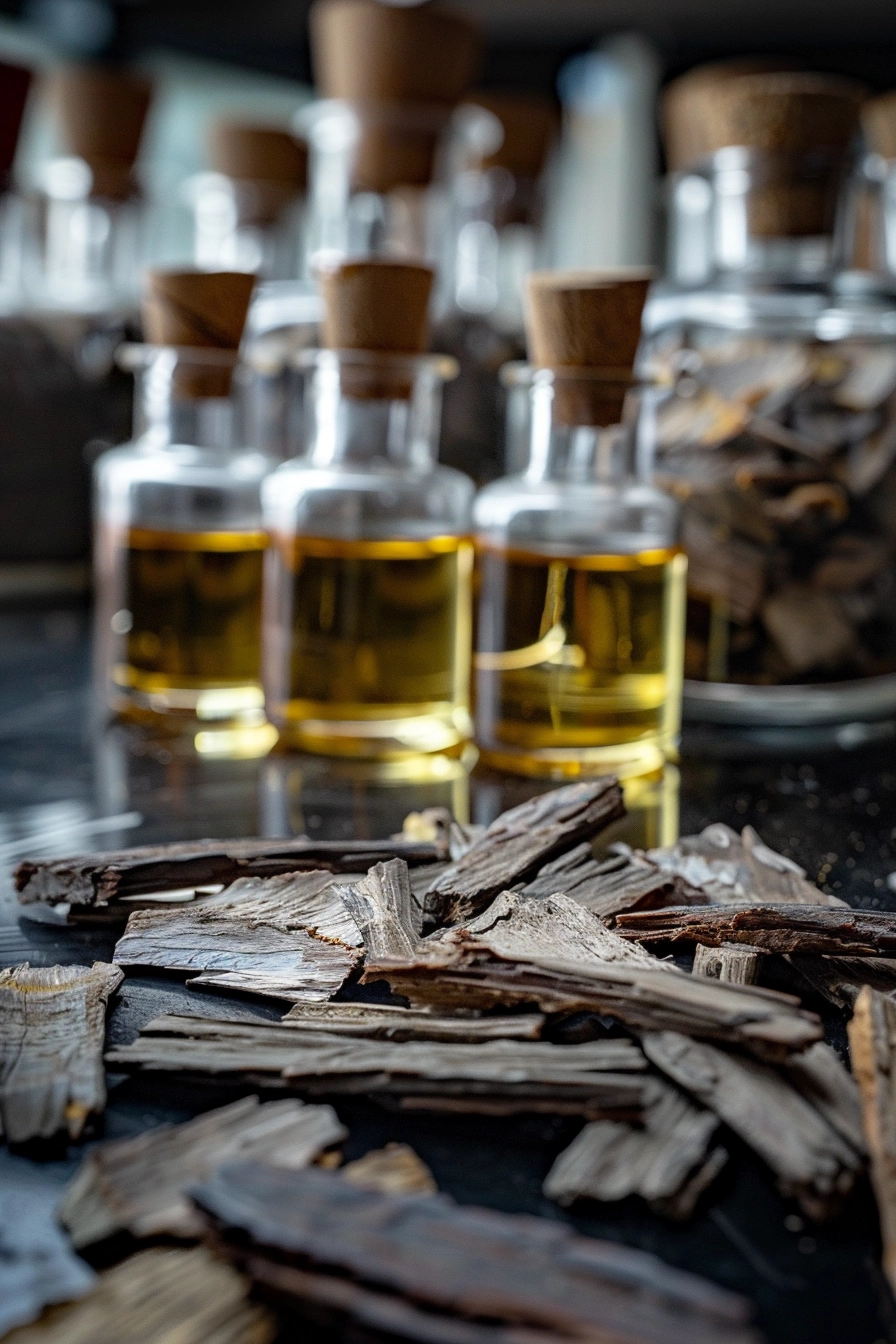 image of agarwood pieces in a perfumery laboratory