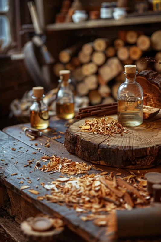 image of cedarwood pieces in the perfumers workshop
