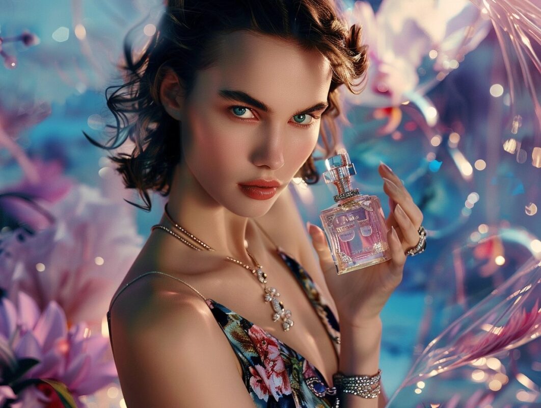model holding an elegant bottle of parfum she is wearing a sleeveless black dress with a floral print