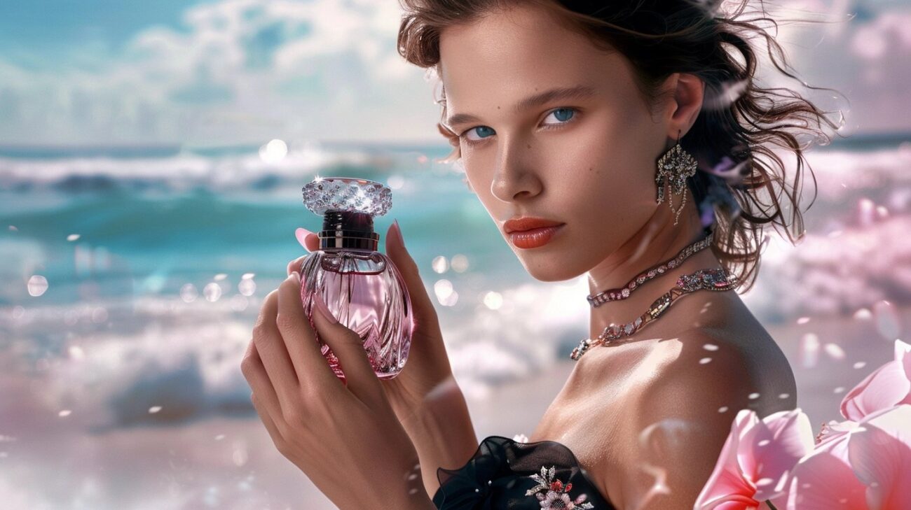 model holding an elegant bottle of sexy perfume for women she is wearing a sleeveless black dress with a floral print