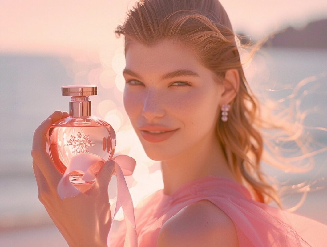 model holds up one bottle of perfume with an elegant and modern pink background1