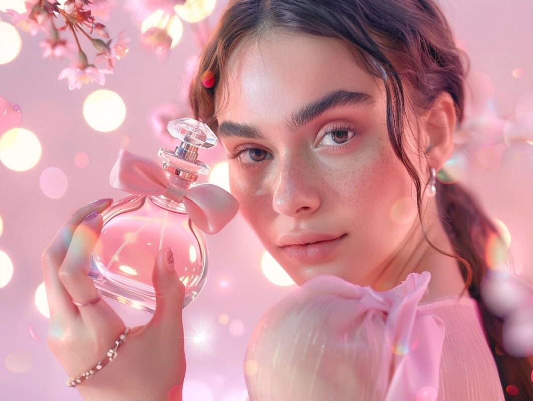 model holds up one bottle of perfume with an elegant and modern pink background