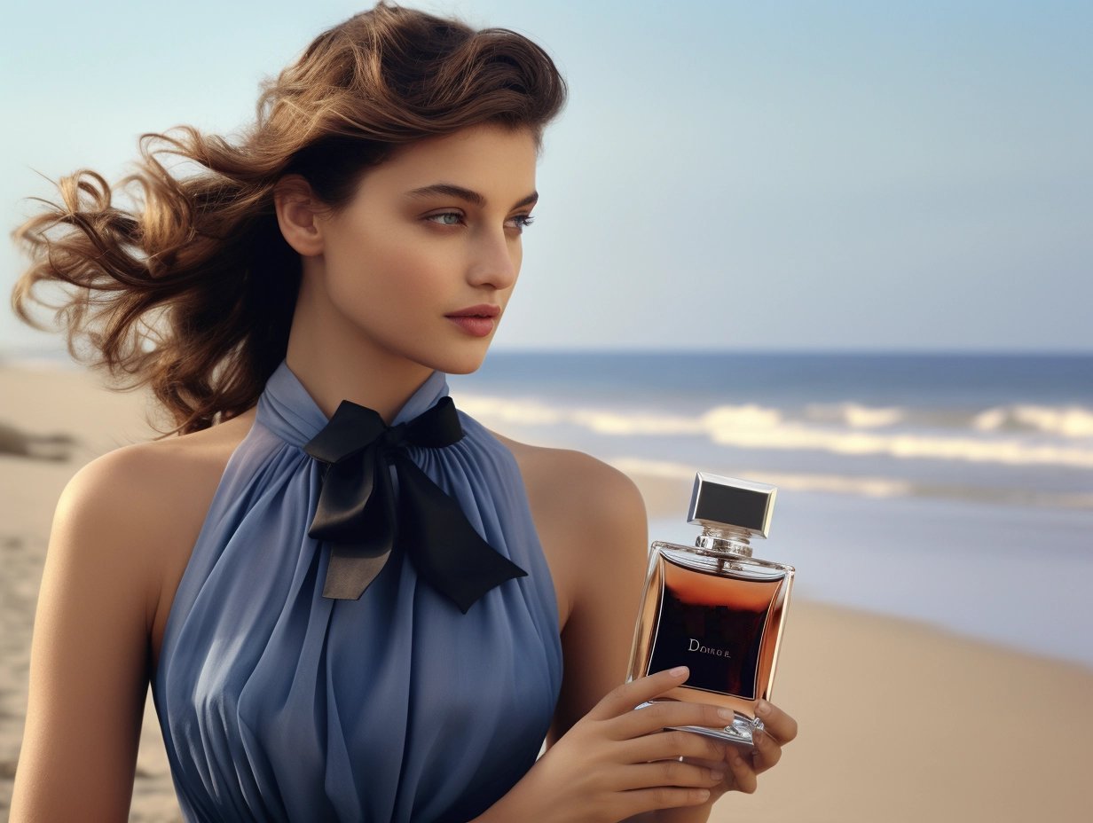 model is holding an elegant blue perfume bottle and posing in front of a beach backdrop