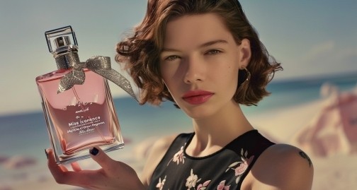 model is holding an elegant pink bottle with silver ribbon and bow on it