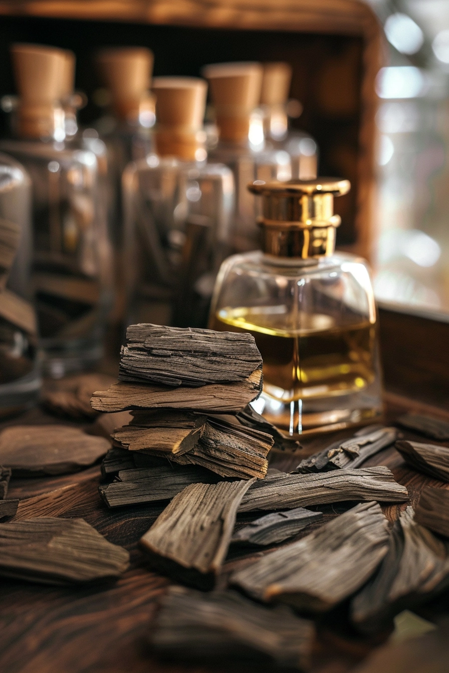 oud wood pieces in a professional perfumery laboratory