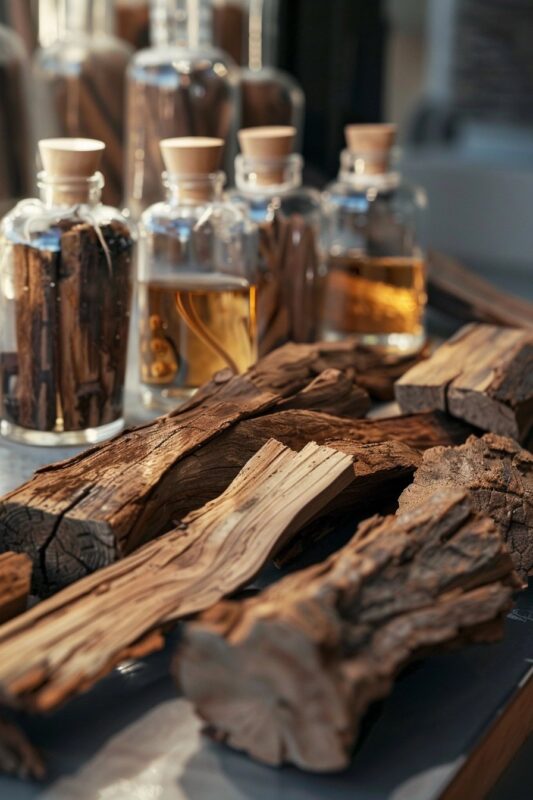 oud wood pieces and vials with essence in a professional perfumery laboratory