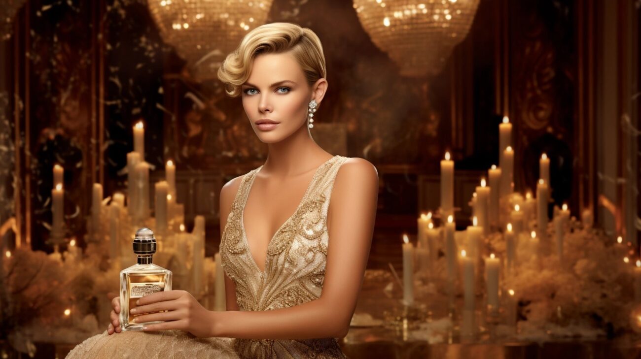 perfume commercial model standing next to a bottle of an exquisite perfume with an opulent background