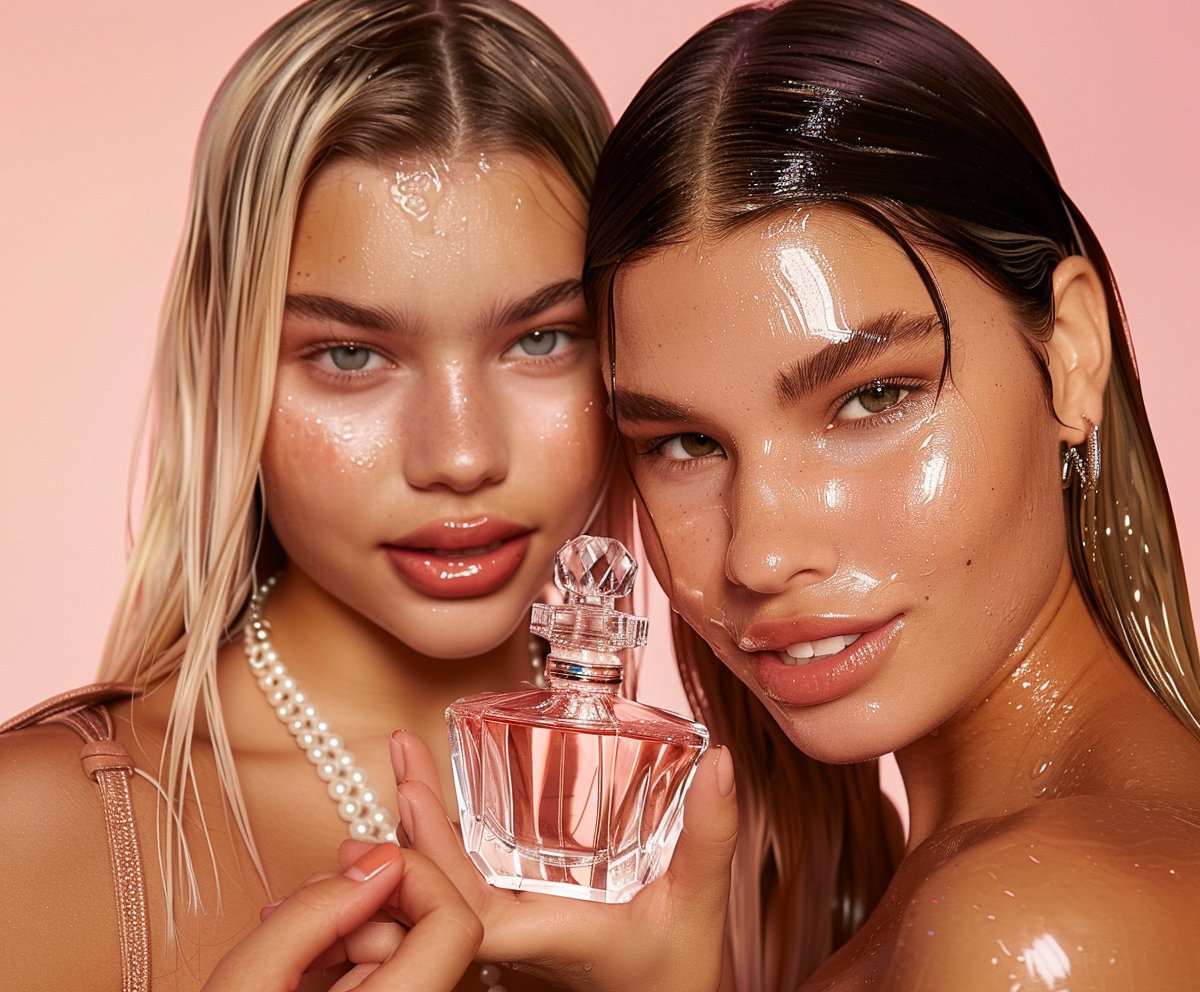 Close up of two models holding and showing a luxury perfume together
