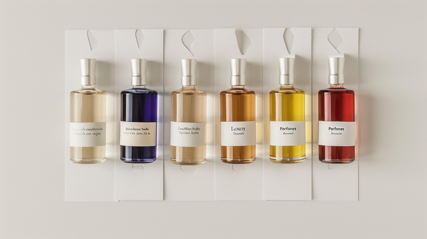 six luxury perfumes samples of different colors on a white paper