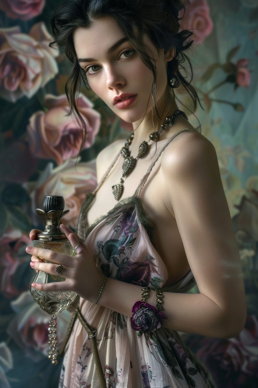 A girl is modeling for the expensive perfume campaign holding an elegant bottle of perfume