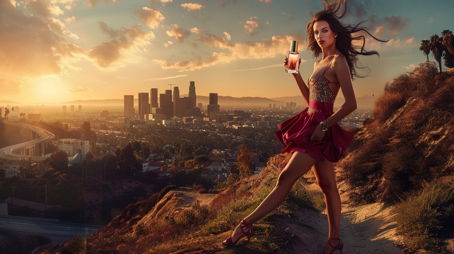 A model is holding an elegant bottle of perfume background behind shows a sunsetting Los Angeles skyline visible from Hollywood hills
