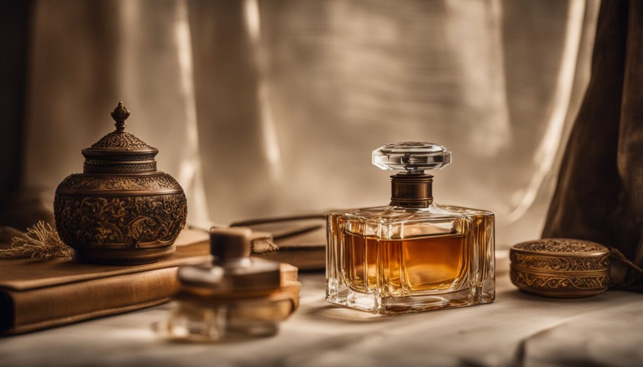 A vintage perfume bottle surrounded by antique elegance in a bustling atmosphere