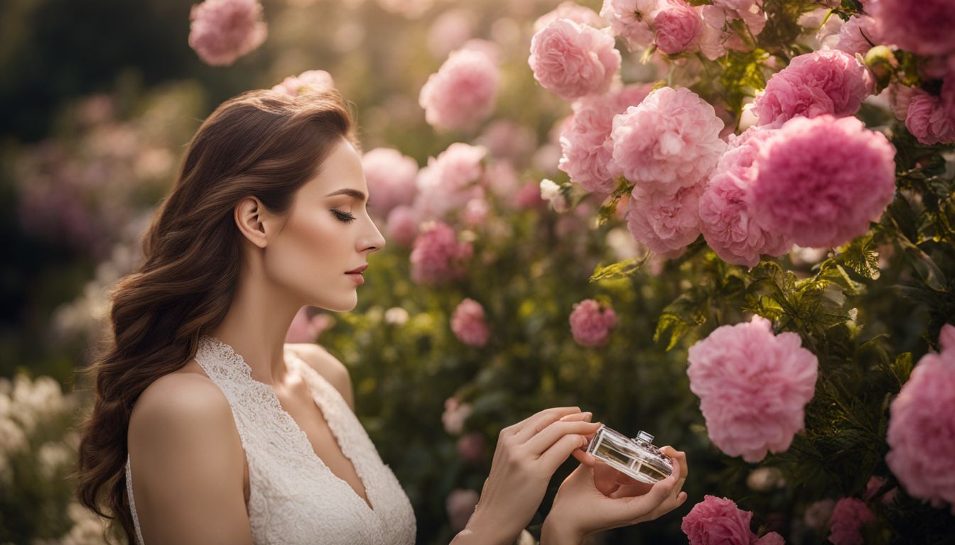 A woman enjoying the scent of designer perfume surrounded by beautiful flowers