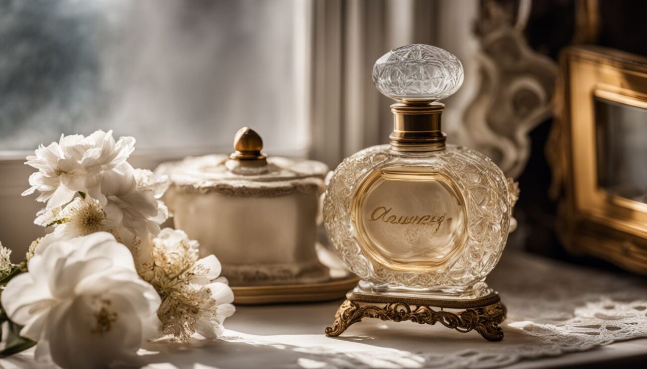An antique perfume bottle on a vintage dressing table with elegant lace and flowers.