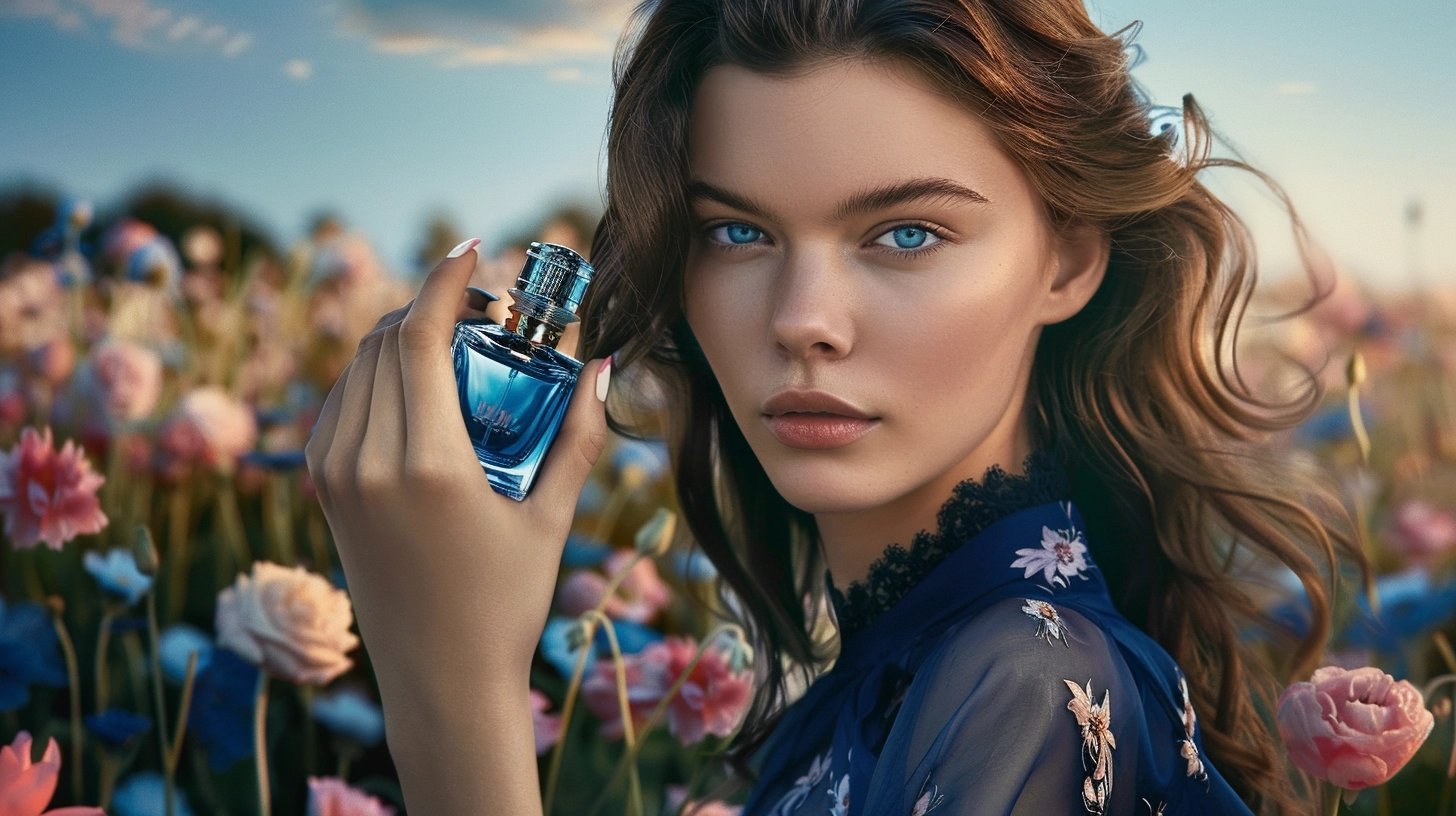 model is holding an elegant blue bottle outdoor