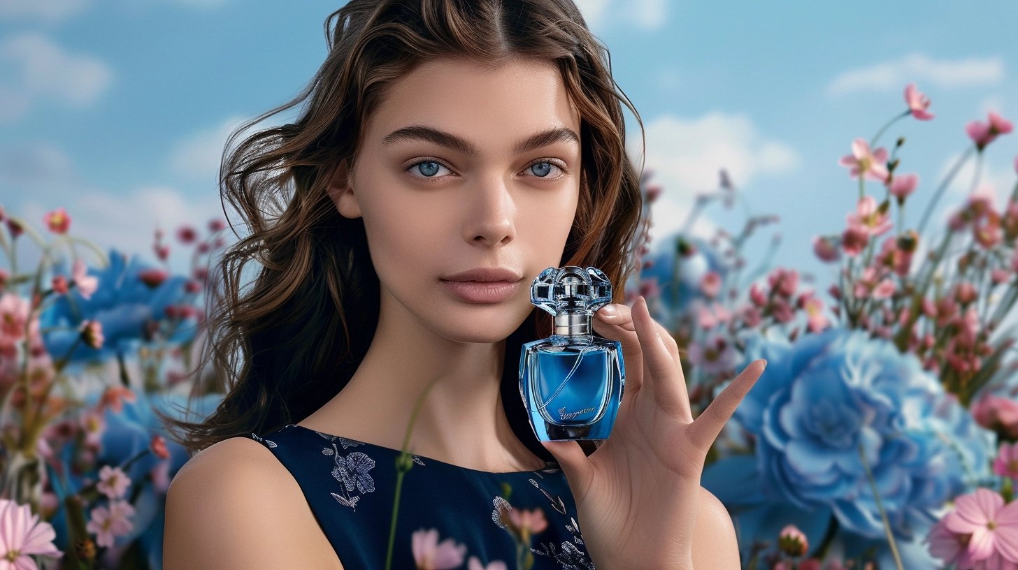 young model is holding an elegant blue perfume  bottle posing in front of a floral field backdrop