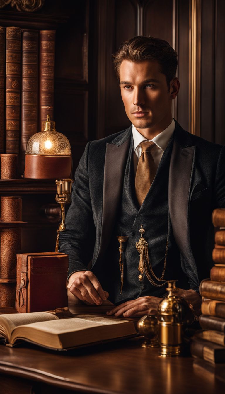A classy man in a richly furnished study with old books and luxurious fragrance