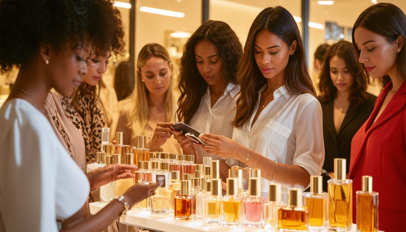 A diverse group of women elegantly sample top perfumes in a chic boutique.