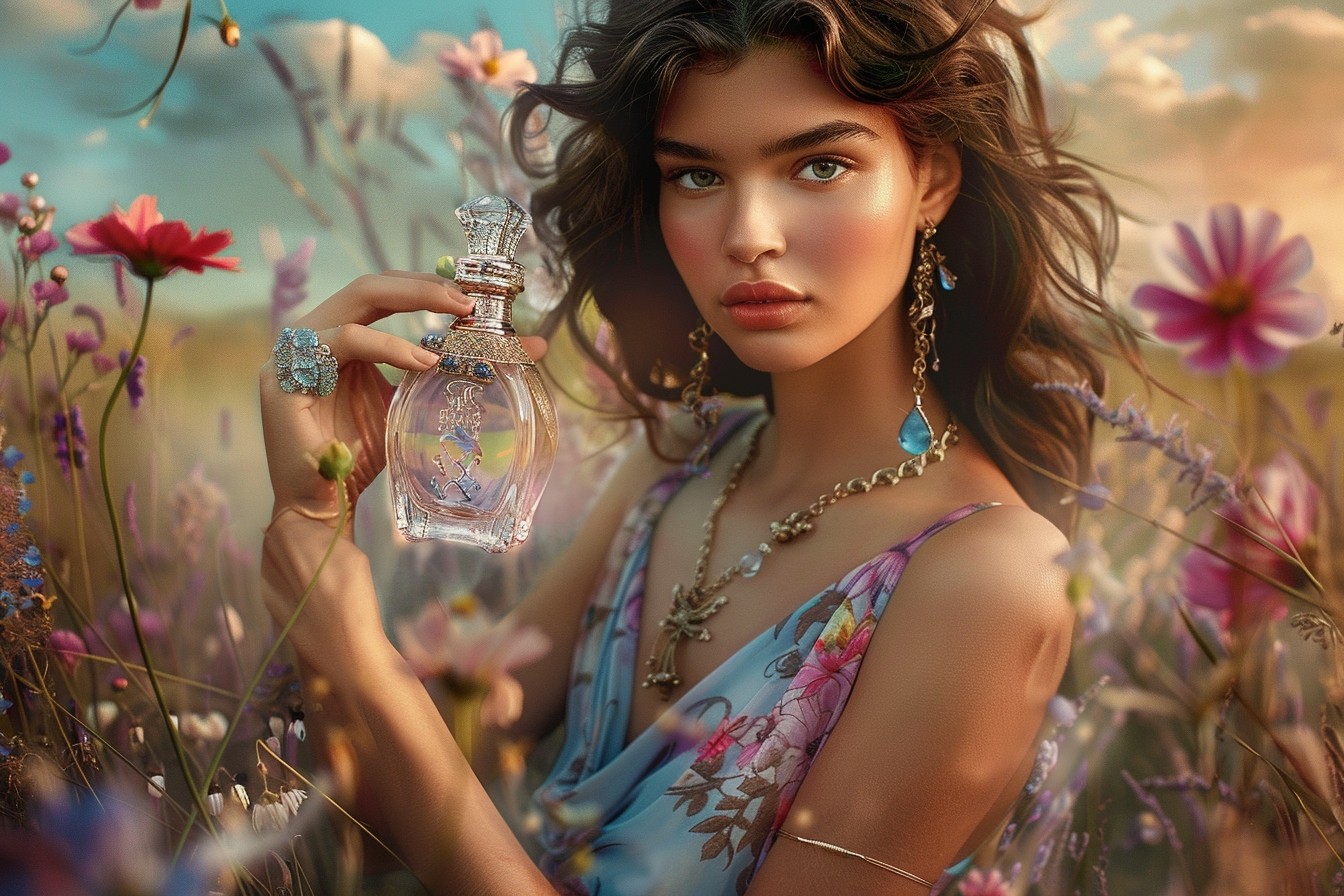 A curly haired girl with a bottle of saffron perfume, flowers field surrounding her
