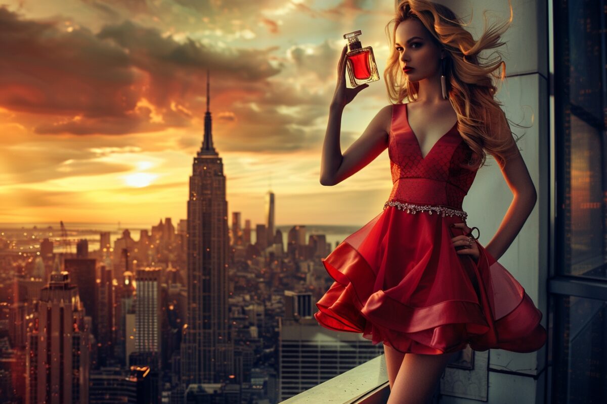 A model in silk rose dress is holding an elegant bottle of roseperfume background behind shows a sunsetting NYC skyline
