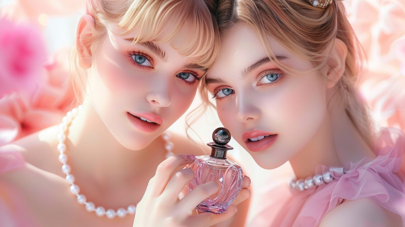 A photo of two gorgeous women holding a perfume bottle