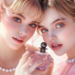 A photo of two gorgeous women holding a perfume