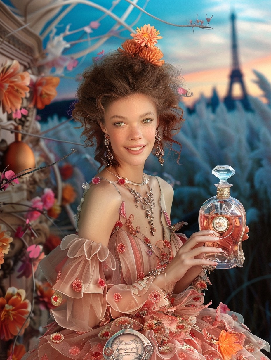 A smiling model is holding an elegant bottle of perfume with roses around