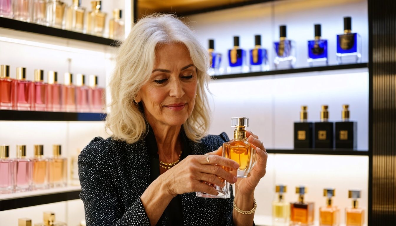 A woman confidently spritzes a fragrance in a modern boutique with luxurious perfume bottles.