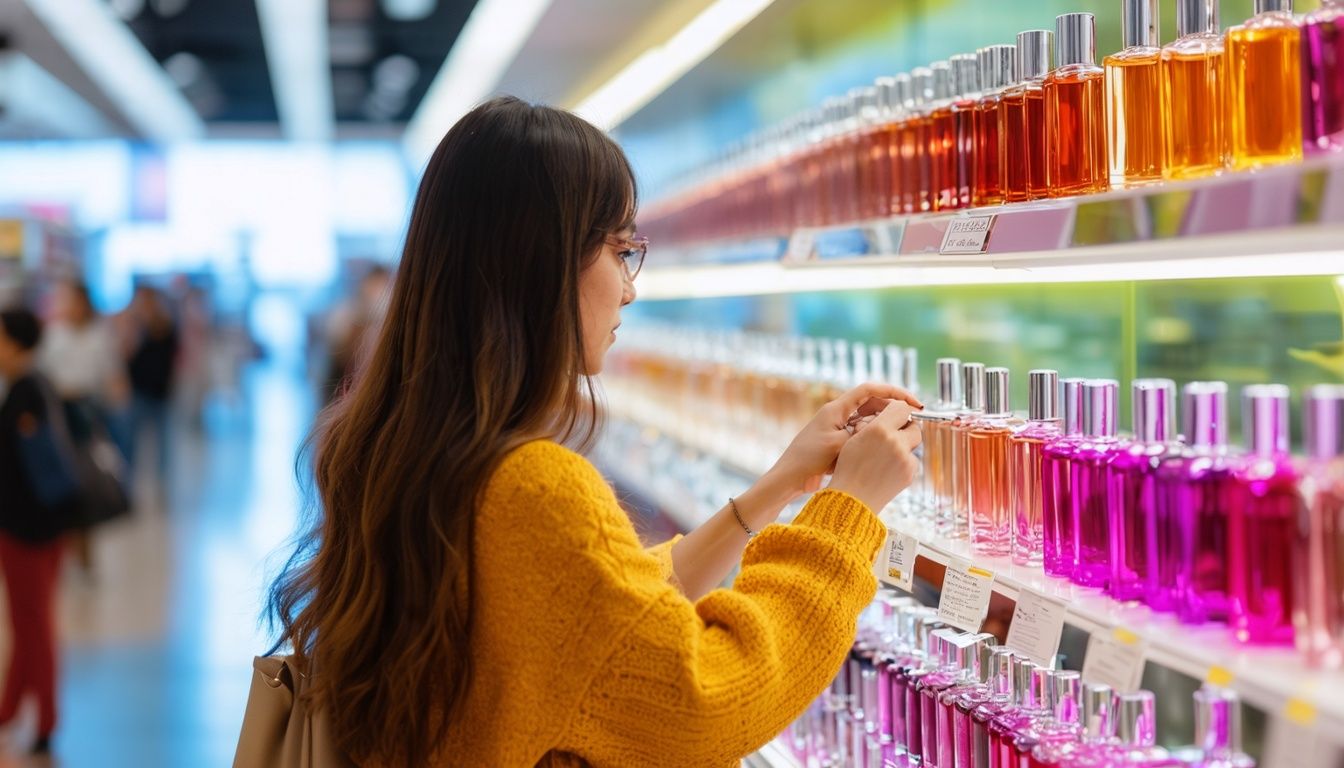 A woman in her 30s trying out various perfumes at a busy department store.