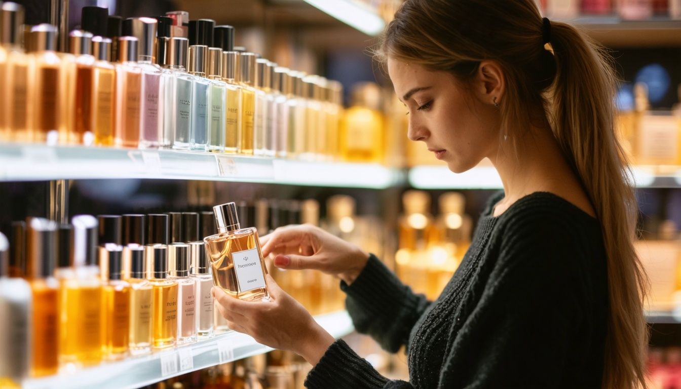 A young woman carefully selects a pheromone perfume in a boutique.