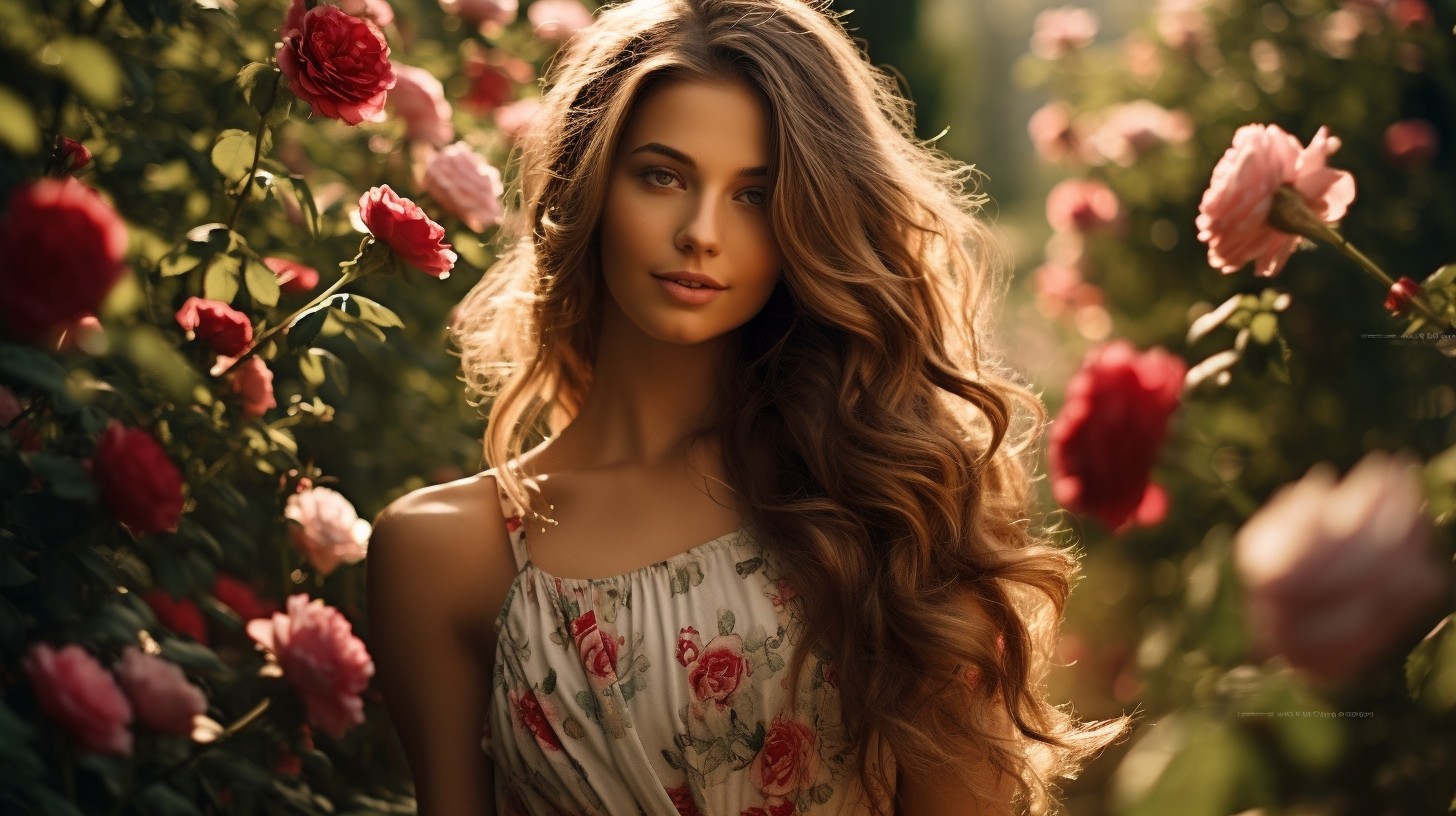 Attractive girl with long wavy hair in a sleeveless floral dress holds a bunch of fresh tea roses and smiling in a dreamy roses garden