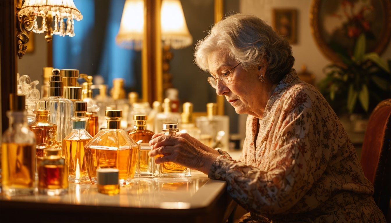 An older woman in her 60s carefully examines various perfume bottles at a vanity table.