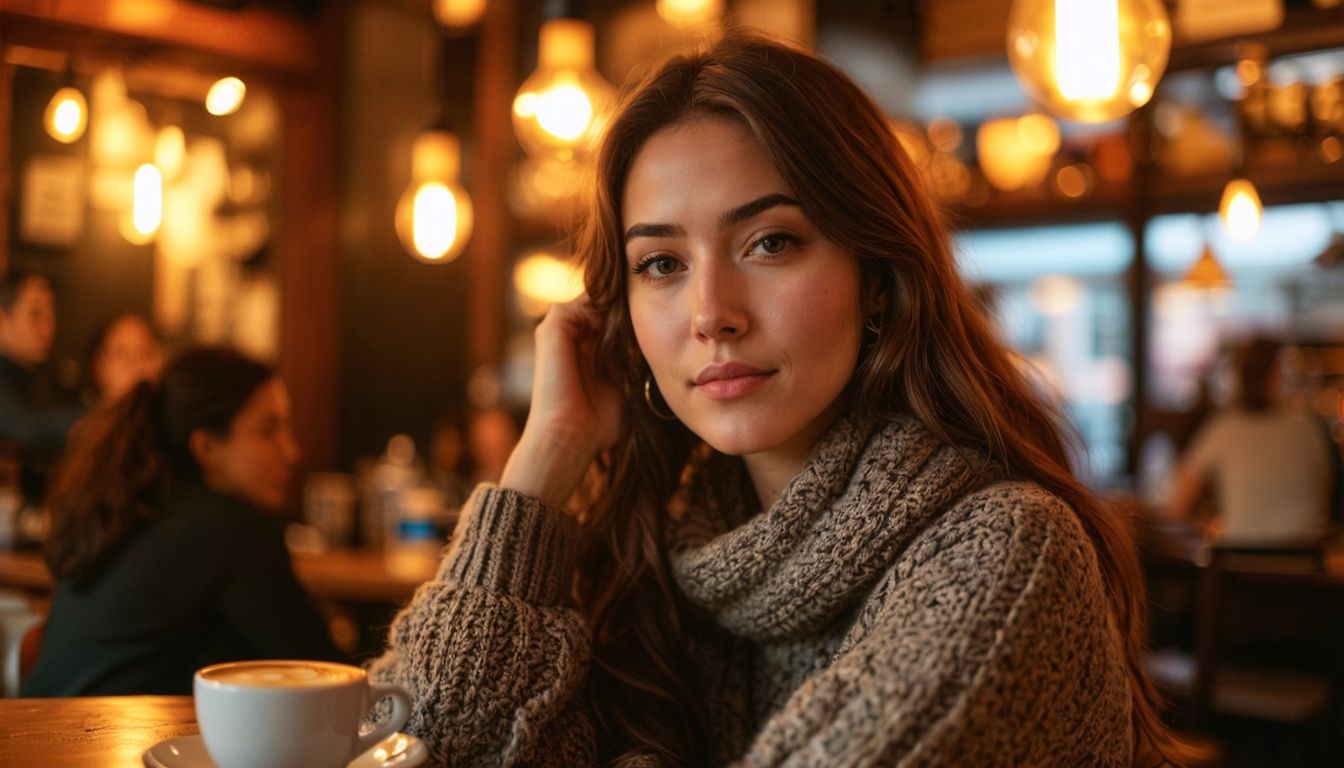 A confident young woman in a cozy coffee shop wearing pheromone perfume effortlessly draws attention.