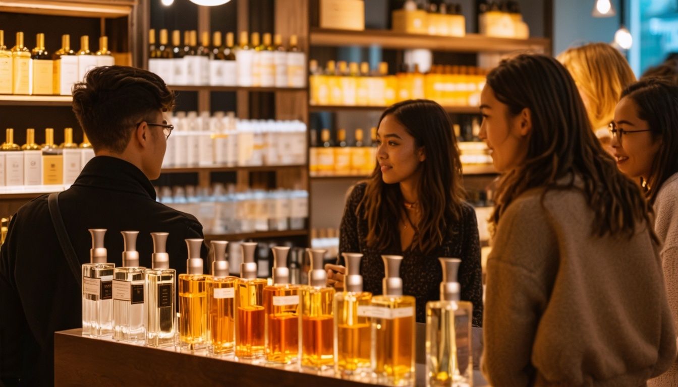 A group of young adults chatting in a perfume boutique surrounded by shelves of pheromone perfumes.